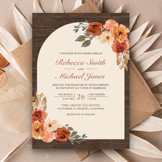 Invitación Boda de Arco Floral Naranja Barn Wood Earthy (Subido por el creador)