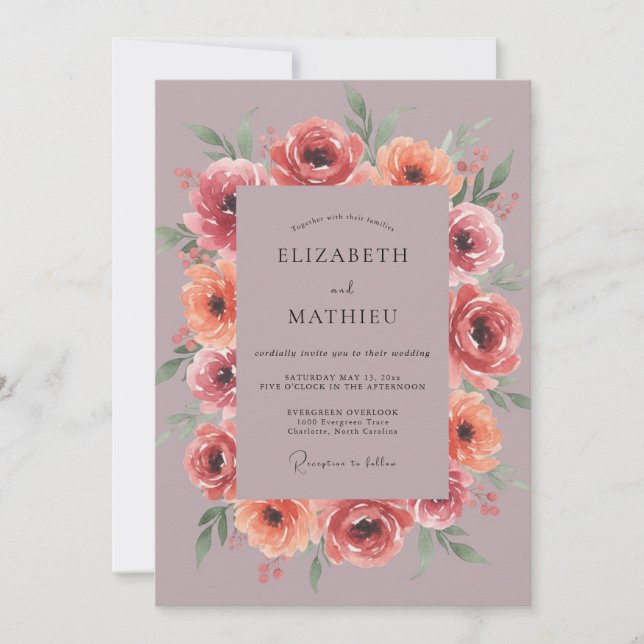 Invitación Boda de arco floral pintado en malva (Anverso)