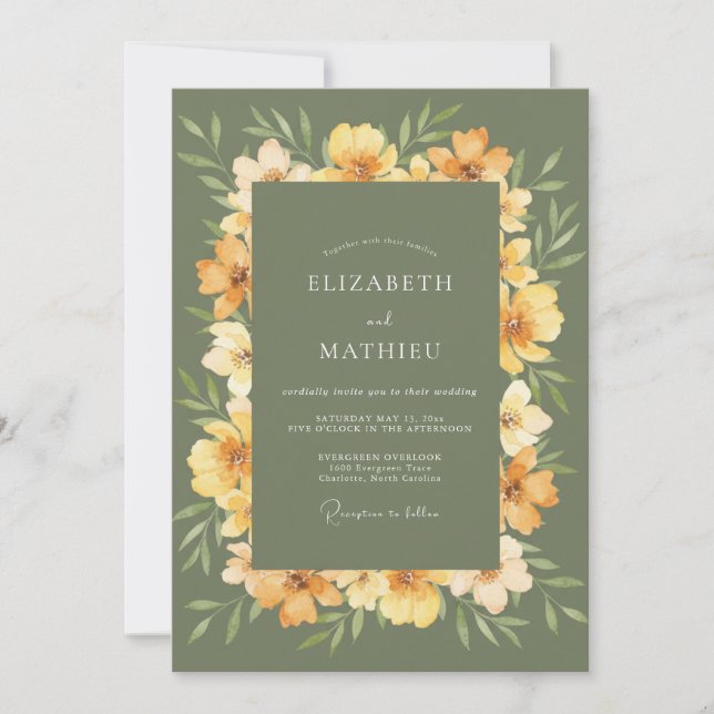 Invitación Boda de arco floral pintado en verde oliva (Anverso)