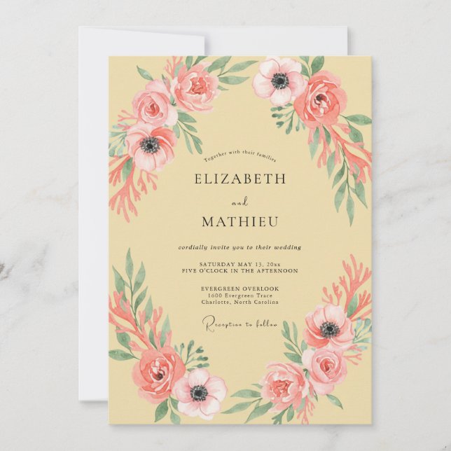 Invitación Boda de Arco Floral Rosa Coral (Anverso)