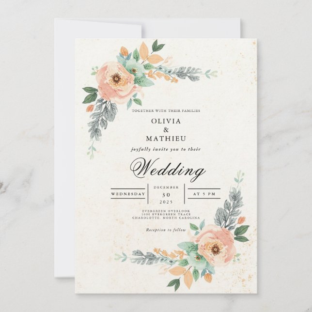 Invitación Boda de arco floral Rubor Peach (Anverso)