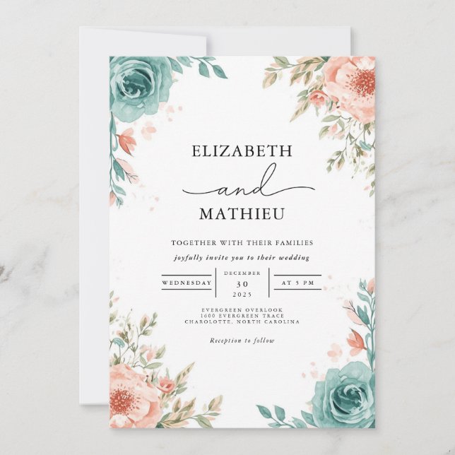 Invitación Boda de arco floral suave Verde azulado Rubor (Anverso)