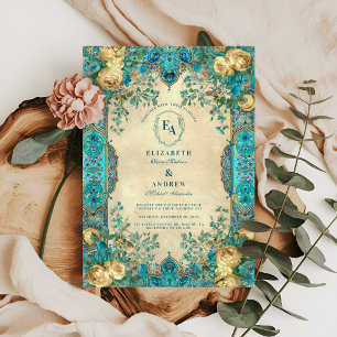 Invitación Boda de Arco floral Verde azulado y dorado