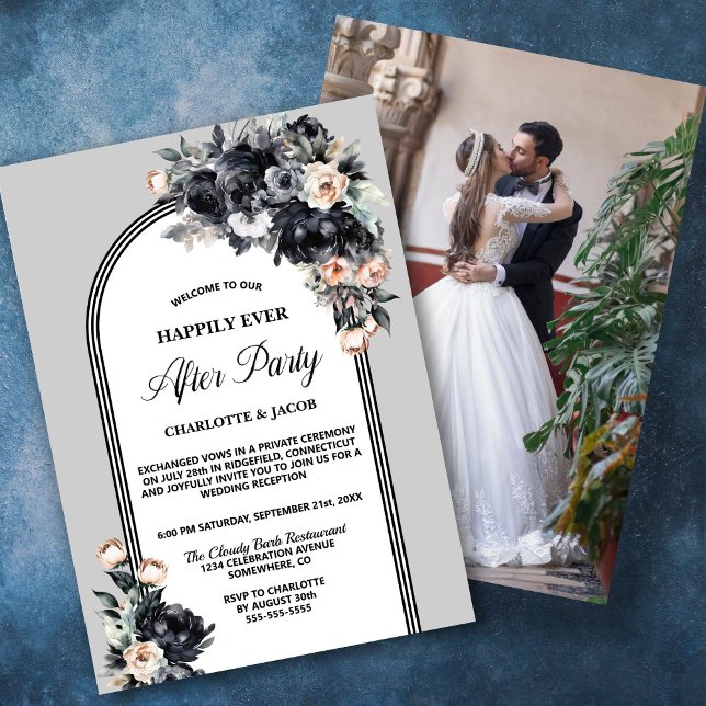 Invitación Boda De Arco Gris Floral Negro Después Del Fiesta (Subido por el creador)