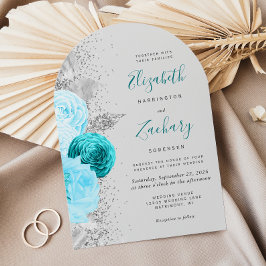 Invitación Boda de arco gris Purpurina de color turquesa flor