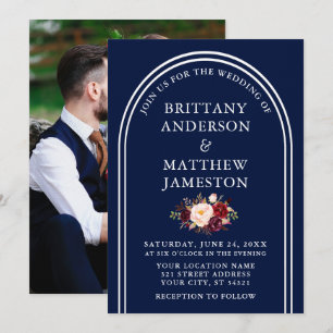 Invitación Boda de Arco Moderno Burgundy Floral Foto Azul