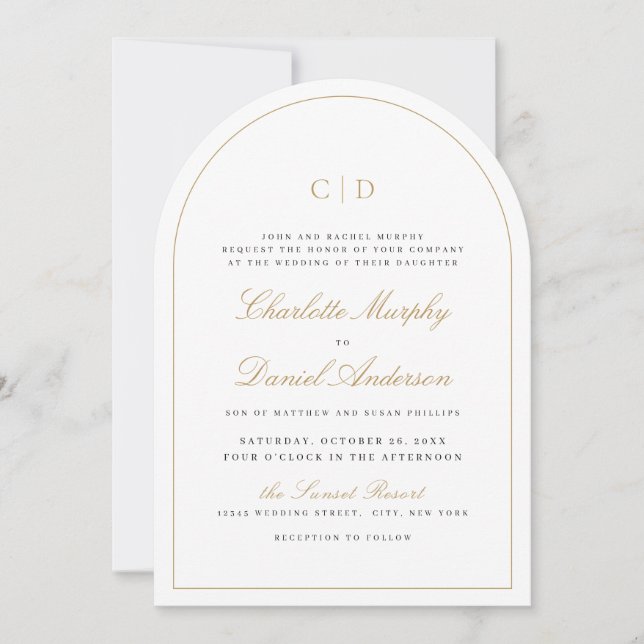 Invitación Boda de arco monograma con guión clásico elegante (Anverso)