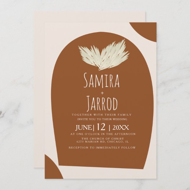 Invitación Boda de Arco Natural Pampas con Mano Bohemia (Anverso / Reverso)