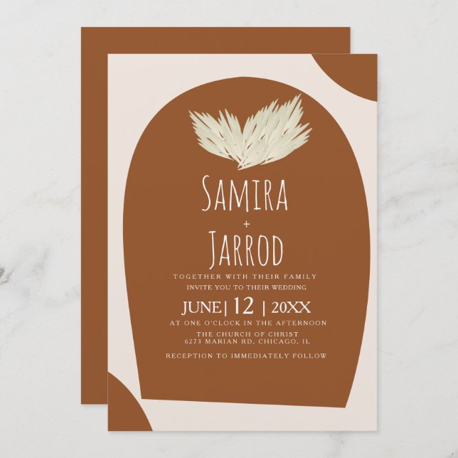 Invitación Boda de Arco Natural Pampas con Mano Bohemia (Anverso / Reverso)