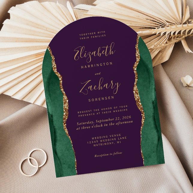 Invitación Boda de arco púrpura ágata verde esmeralda dorado  (Subido por el creador)