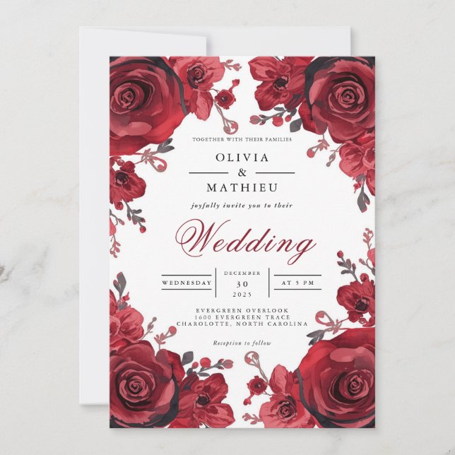 Invitación Boda de Arco Romántico Crimson Rosa (Anverso)