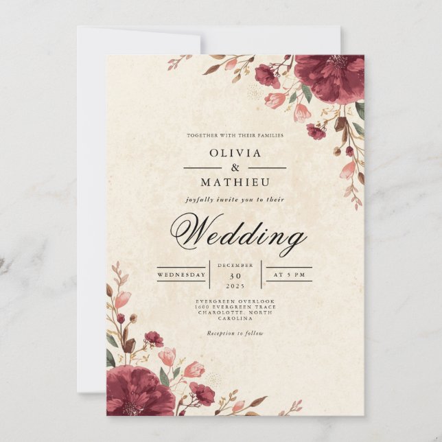 Invitación Boda de Arco Romántico en Bloom Borgoña (Anverso)
