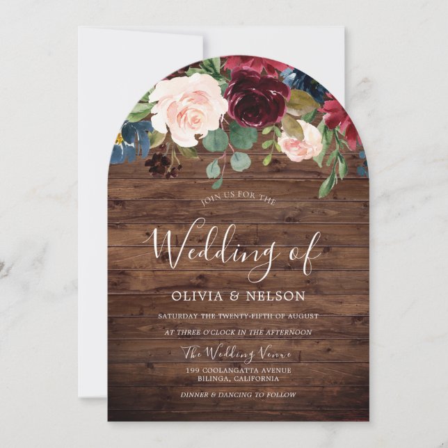 Invitación Boda de Arco Rústico Floral de Burgundy Merlot (Anverso)