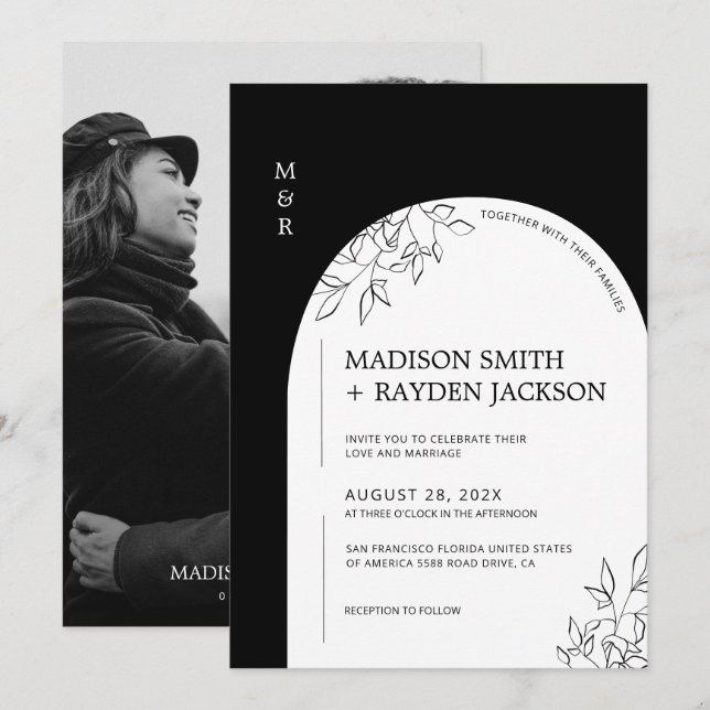 Invitación Boda de arco simple negro y blanco moderno (Anverso / Reverso)