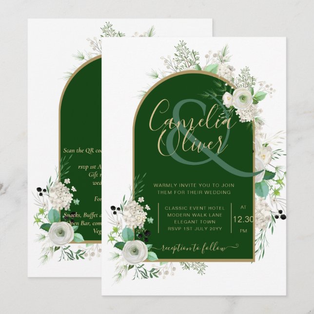 Invitación Boda De Arco Verde Esmeralda De Rosas Blancas De V (Anverso / Reverso)