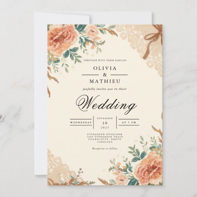 Invitación Boda de arcos botánicos de flores silenciadas (Anverso)