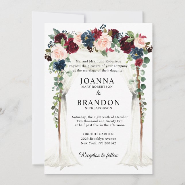 Invitación Boda de arcos florales de la Marina de Borgoña Rub (Anverso)