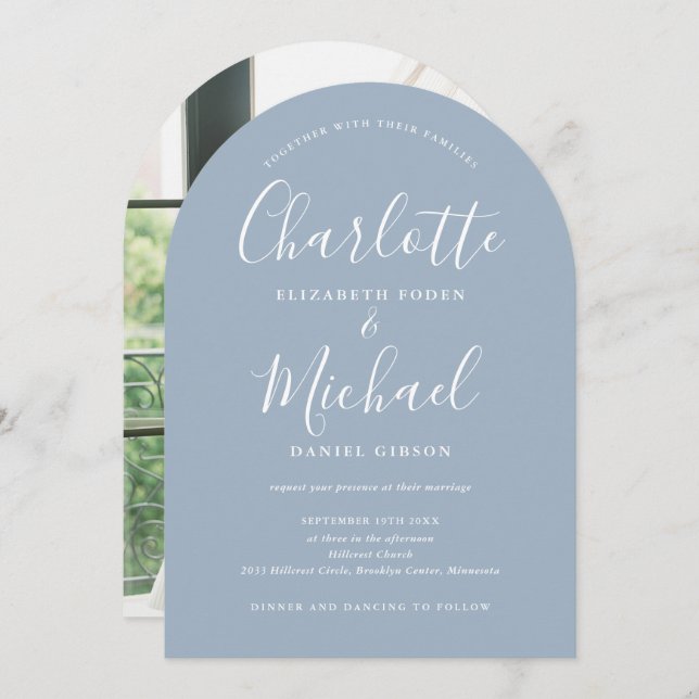 Invitación Boda de arcos fotográficos Dusty Blue Signature Sc (Anverso / Reverso)