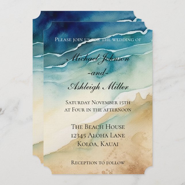 Invitación Boda de arena azul del océano de playa (Anverso / Reverso)