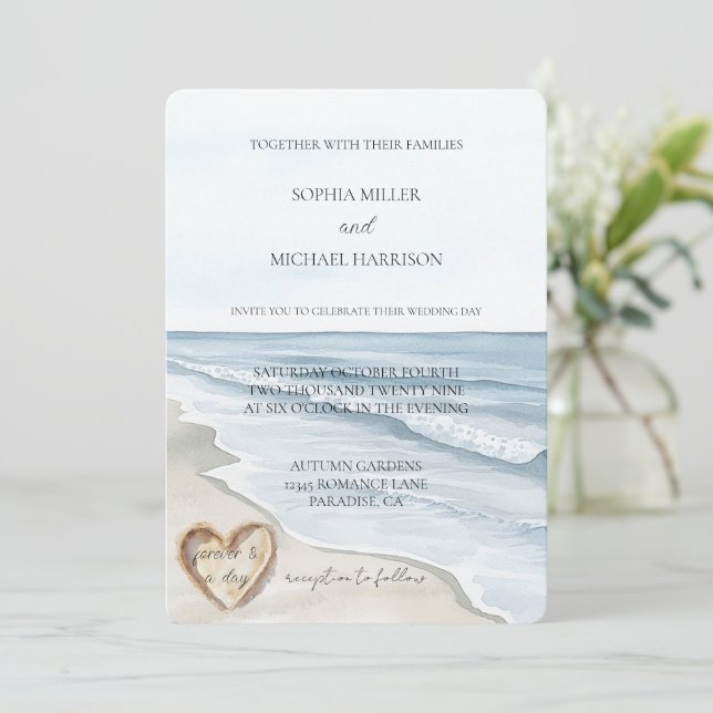 Invitación Boda de arena Beach Ocean Heart (Anverso de pie)
