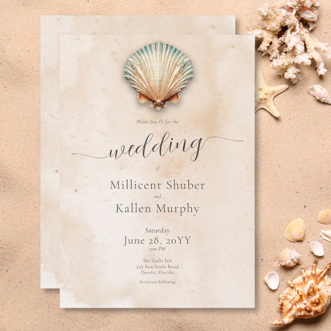 Invitación Boda de arena costera moderna (Modern Coastal Seashell Sand Wedding Invitation)