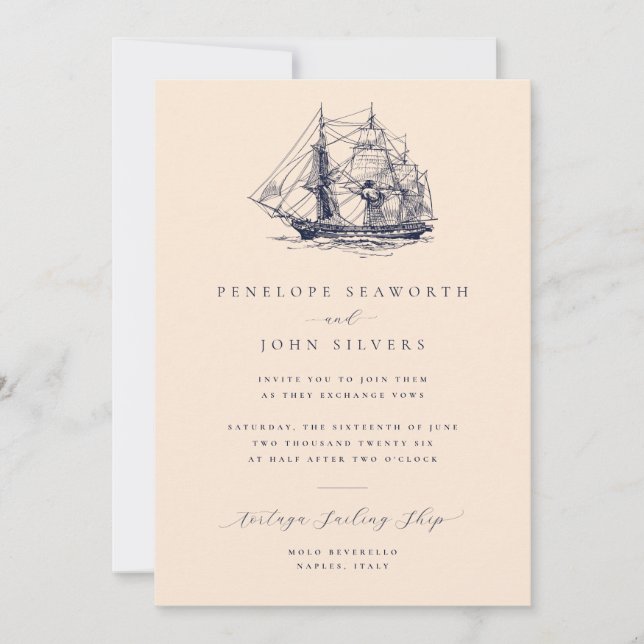 Invitación Boda de arena de Ilustracion de barco náutico (Anverso)