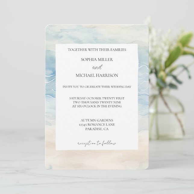 Invitación Boda de arena Ocean Beach Blue Cream (Anverso de pie)