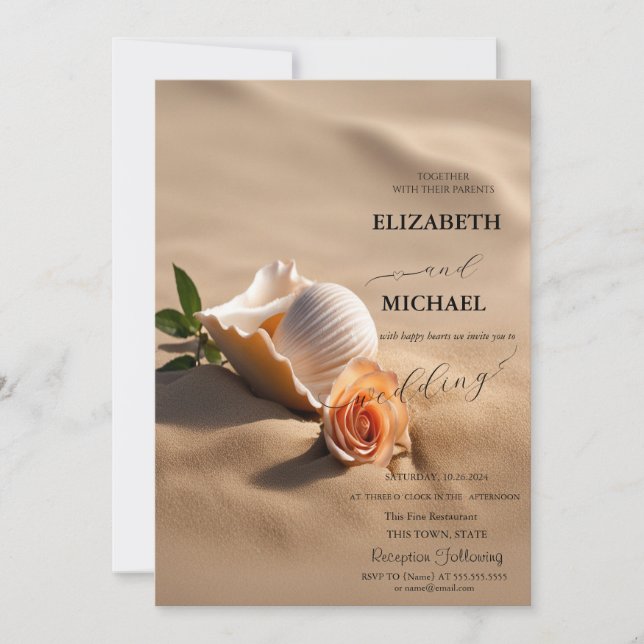 Invitación Boda de arena rosa con conchas marinas (Anverso)