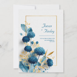 Invitación Boda de armazón azul botánico y de marco dorado