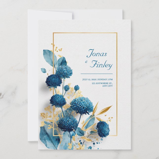 Invitación Boda de armazón azul botánico y de marco dorado (Anverso)