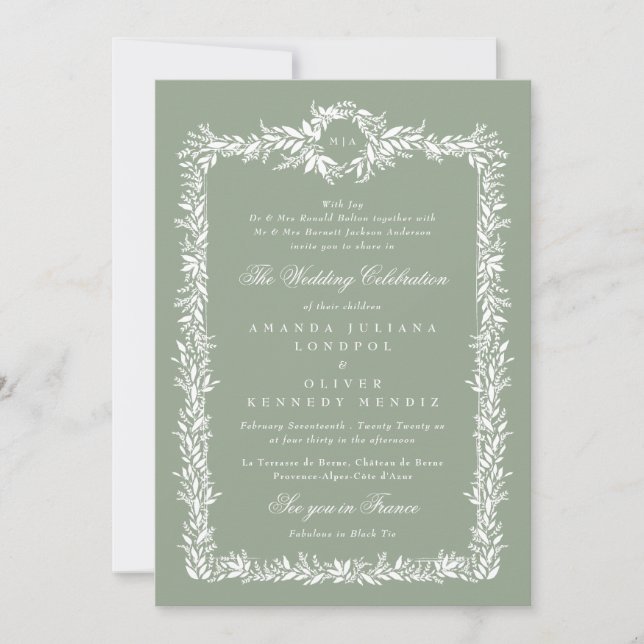 Invitación boda de armazón botánico clásico sage green (Anverso)
