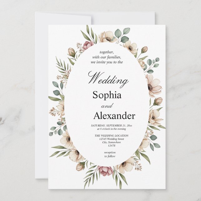 Invitación Boda de armazón floral de acuarela romántica (Anverso)