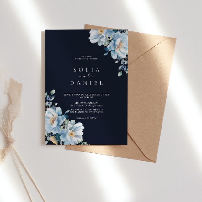 Invitación Boda de armazón floral de invierno azul oscuro (Subido por el creador)