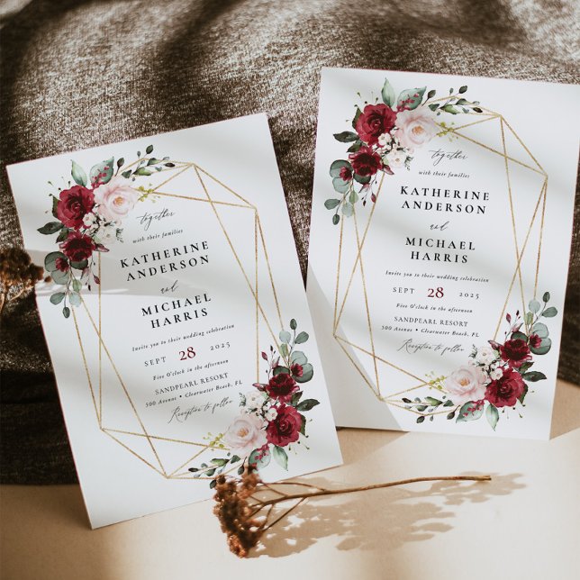Invitación Boda de armazón geométrico de floral de Borgoña (Subido por el creador)