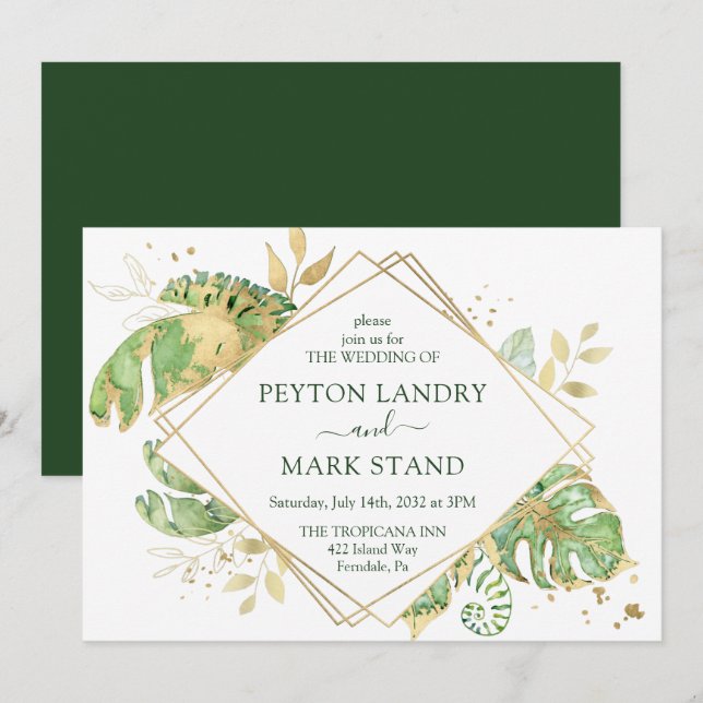 Invitación Boda de armazón geométrico de oro y follaje tropic (Anverso / Reverso)
