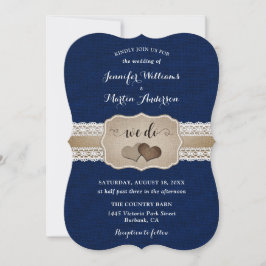Invitación Boda de Arpillera y Encaje Azul Marino