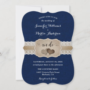 Invitación Boda de Arpillera y Encaje Azul Marino