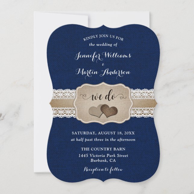 Invitación Boda de Arpillera y Encaje Azul Marino (Anverso)