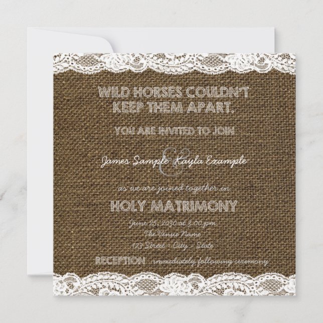 Invitación Boda de Arpillera y Encaje Blanco (Anverso)