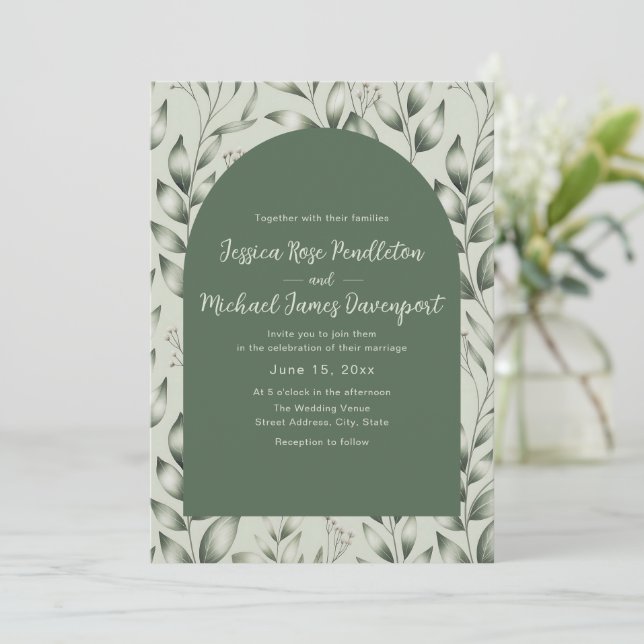 Invitación Boda de Arquitectura Botánica Verde Salvia Rústica (Anverso de pie)