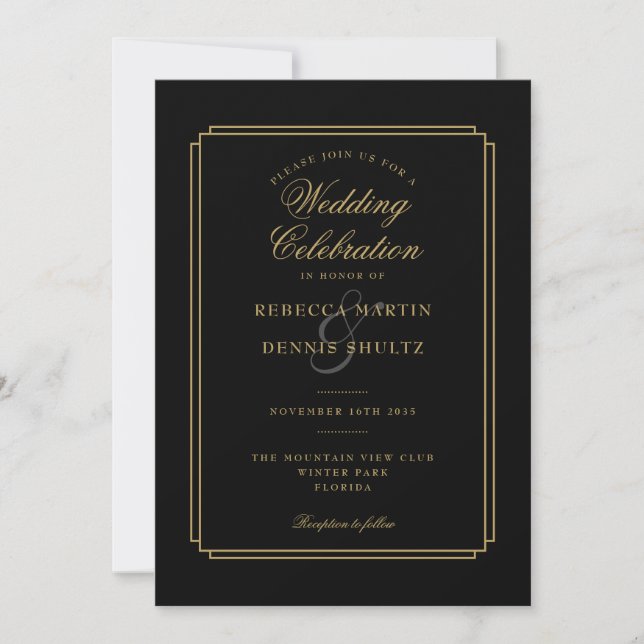 Invitación Boda de Art Deco de Guión Negro y Oro (Anverso)