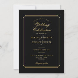 Invitación Boda de Art Deco de Guión Negro y Oro