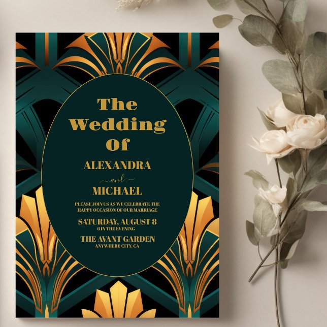 Invitación Boda de Art Deco Verde Glamoroso y Oro (Subido por el creador)