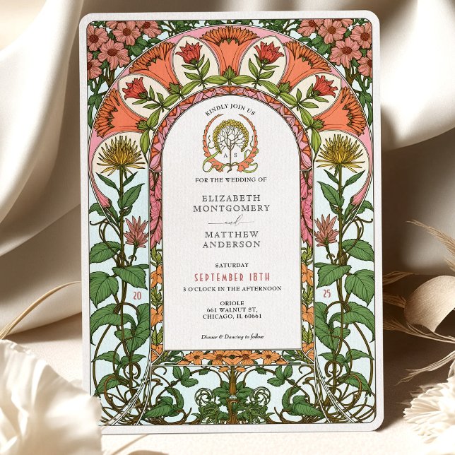 Invitación Boda de Art Nouveau audaz de los florines rojos y  (Subido por el creador)