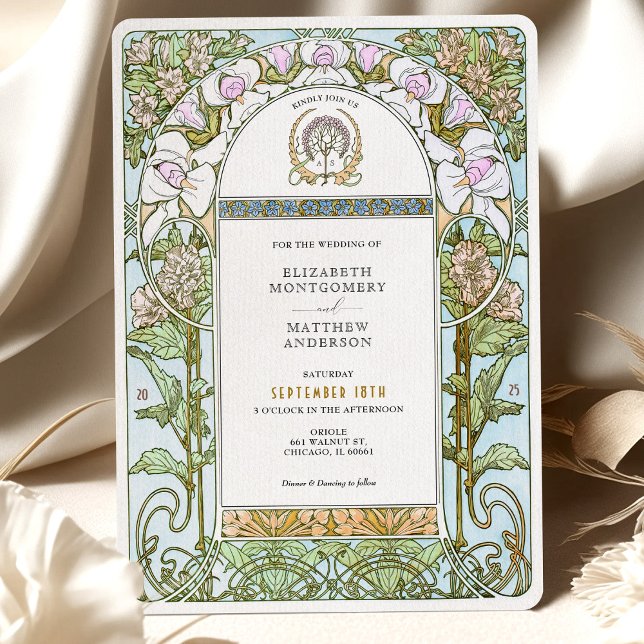 Invitación Boda de Art Nouveau azul y Rubor florals (Subido por el creador)
