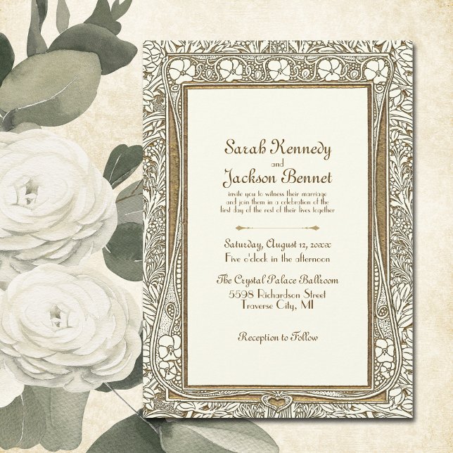 Invitación Boda de Art Nouveau de estilo Art Nouveau con deco (Impress your guests with these Elegant Art Nouveau  gold on ivory wedding Invitations.  )
