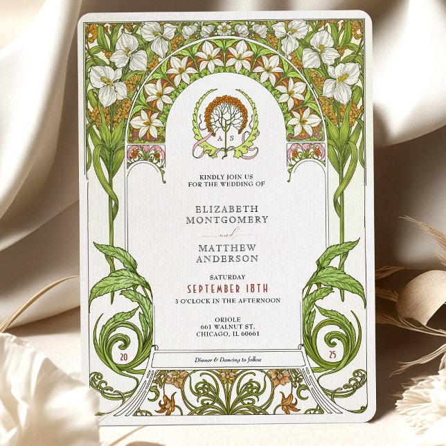 Invitación Boda de Art Nouveau de White Lilies y Daffodils (Subido por el creador)