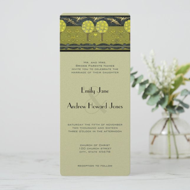 Invitación Boda de Art Nouveau Lemon Tree Orchard Lovebird (Anverso de pie)