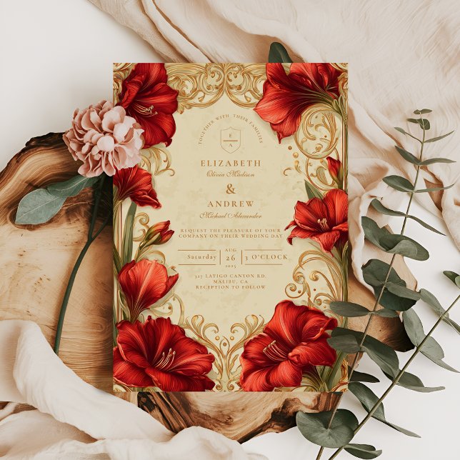 Invitación Boda de Art Nouveau Red Amaryllis (Subido por el creador)