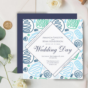 Invitación Boda de arte abstracto de una línea azul única 
